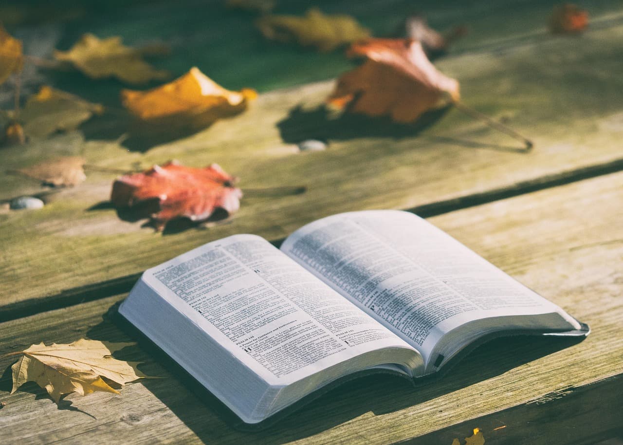 An open Bible on a wooden table.