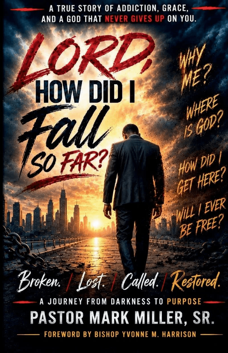 Cover of Lord, How Did I Fall So Far? by Pastor Mark Miller, Sr. A man in a suit walks a broken path toward a sunrise over the city.